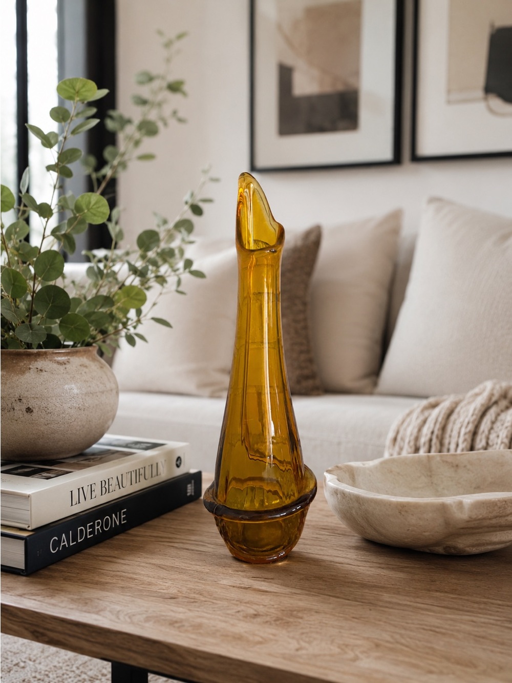Amber Glass Sculptural Vase - Elegant Home Accent